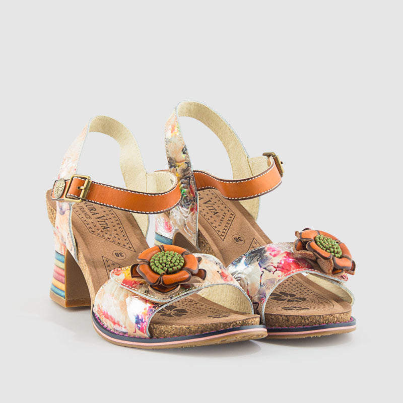 SANDALIA FLOR PIEL NARANJA